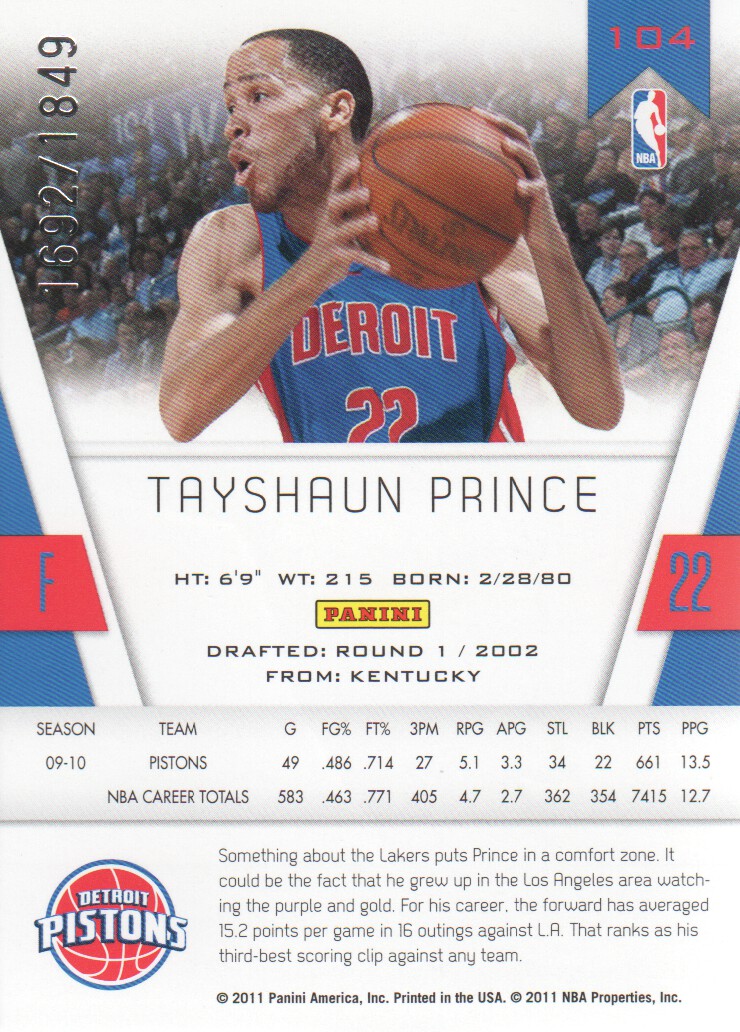 2010-11 Totally Certified #104 Tayshaun Prince back image