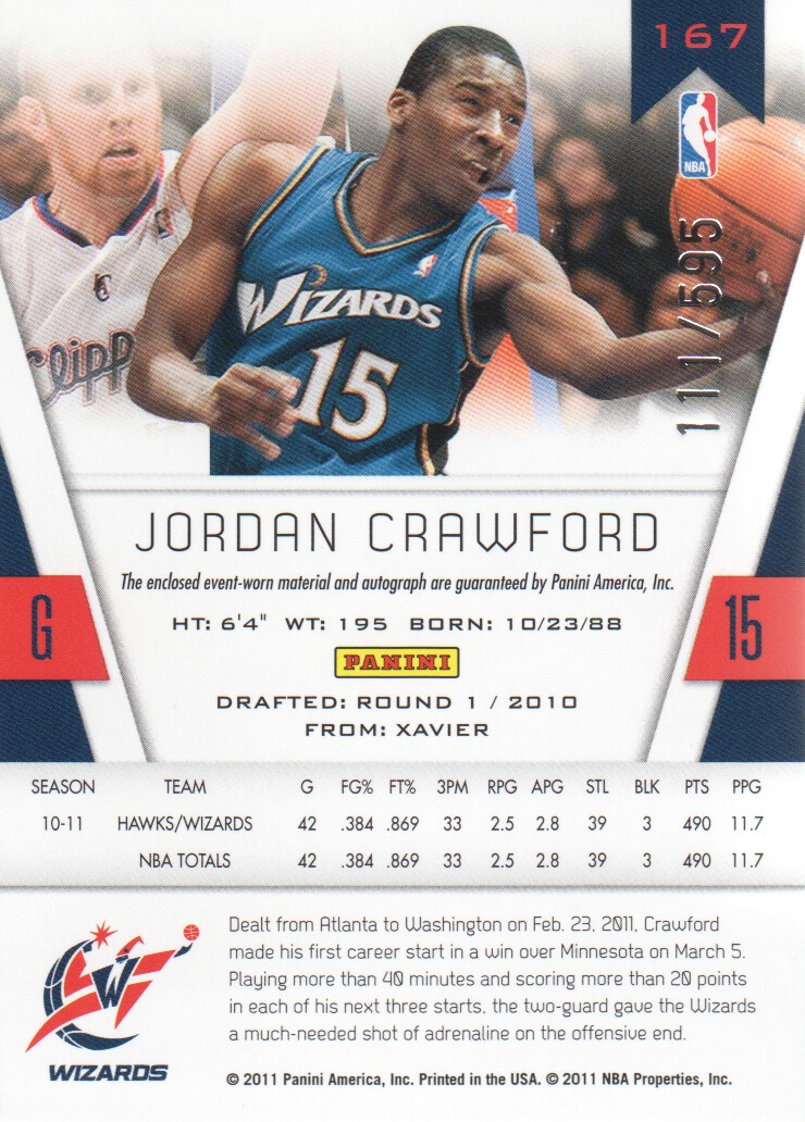 2010-11 Totally Certified #167 Jordan Crawford/595 JSY AU RC back image