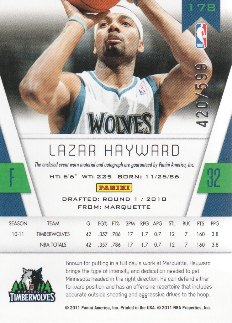 2010-11 Totally Certified #178 Lazar Hayward/599 JSY AU RC back image