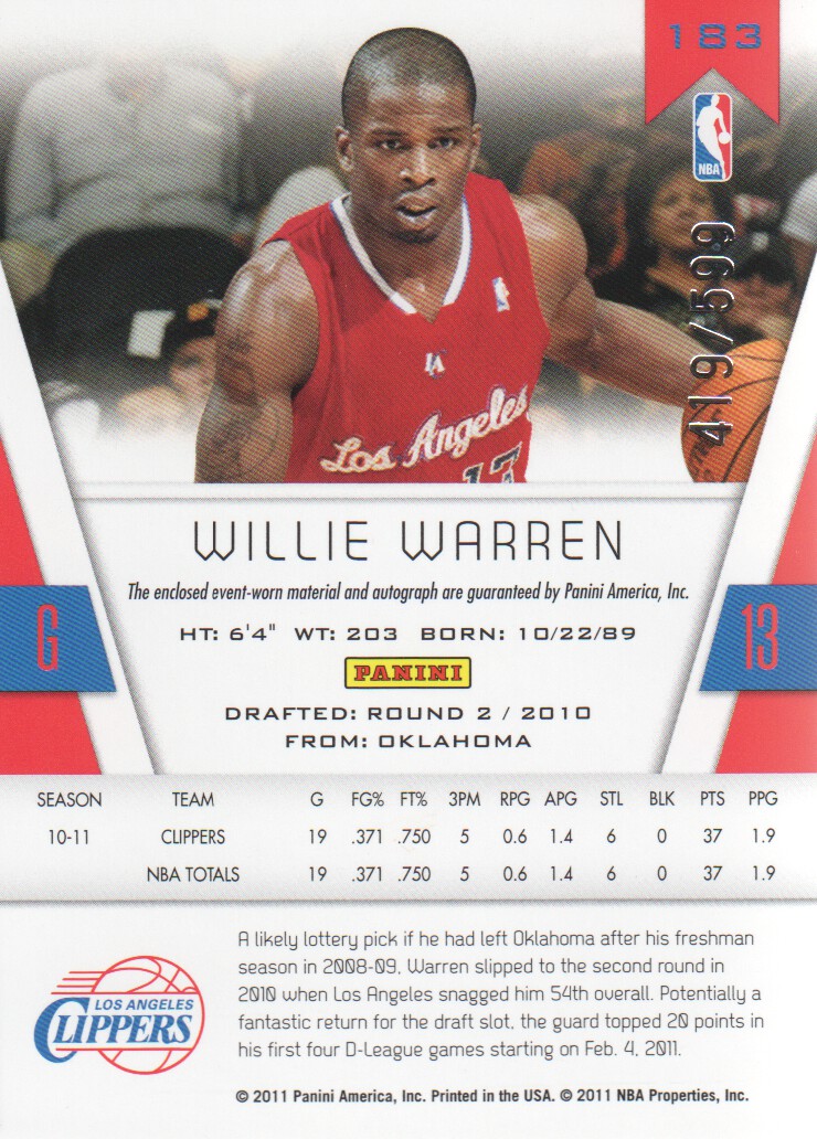 2010-11 Totally Certified #183 Willie Warren/599 JSY AU RC back image
