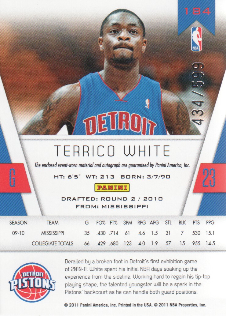 2010-11 Totally Certified #184 Terrico White/599 JSY AU RC back image
