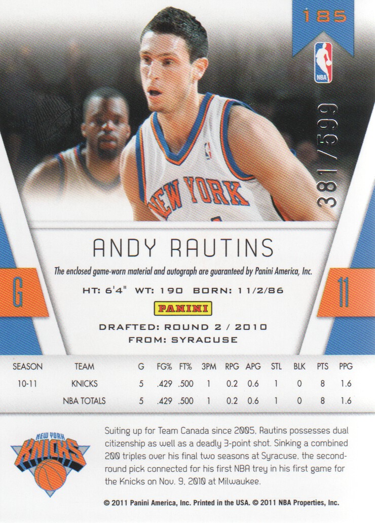 2010-11 Totally Certified #185 Andy Rautins/599 JSY AU RC back image
