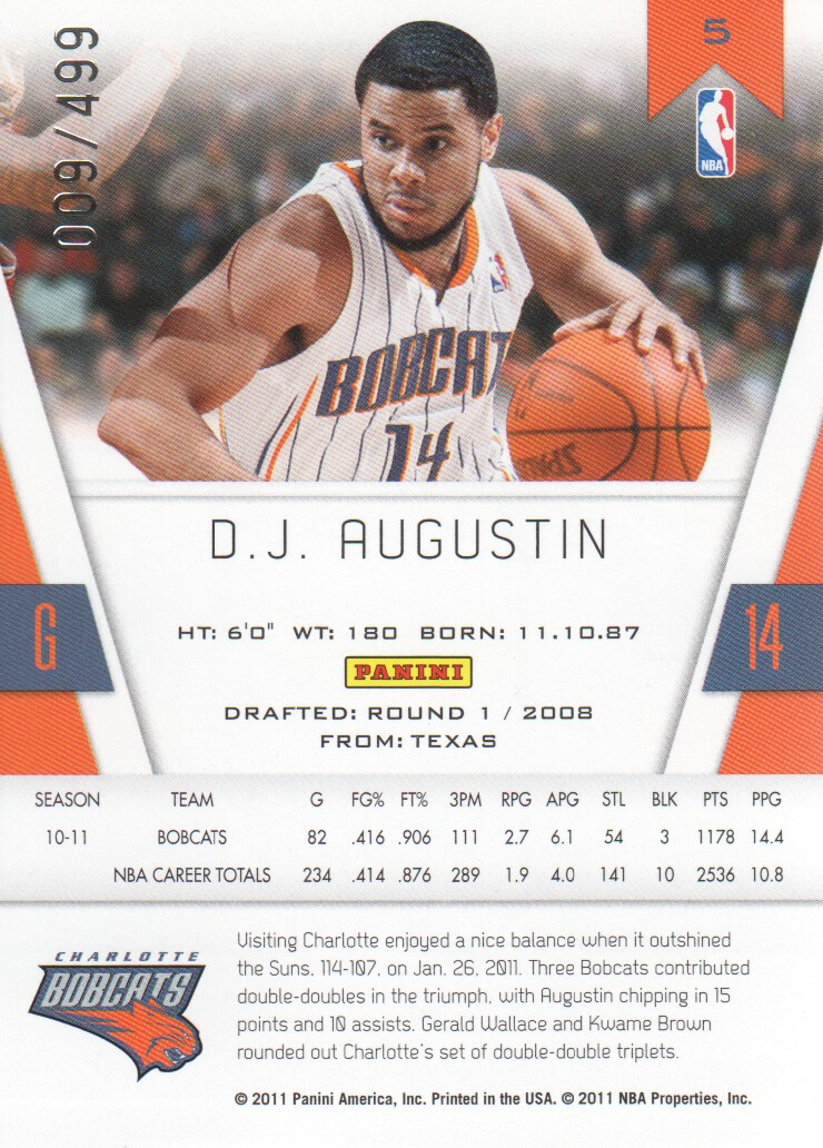 2010-11 Totally Certified Red #5 D.J. Augustin back image