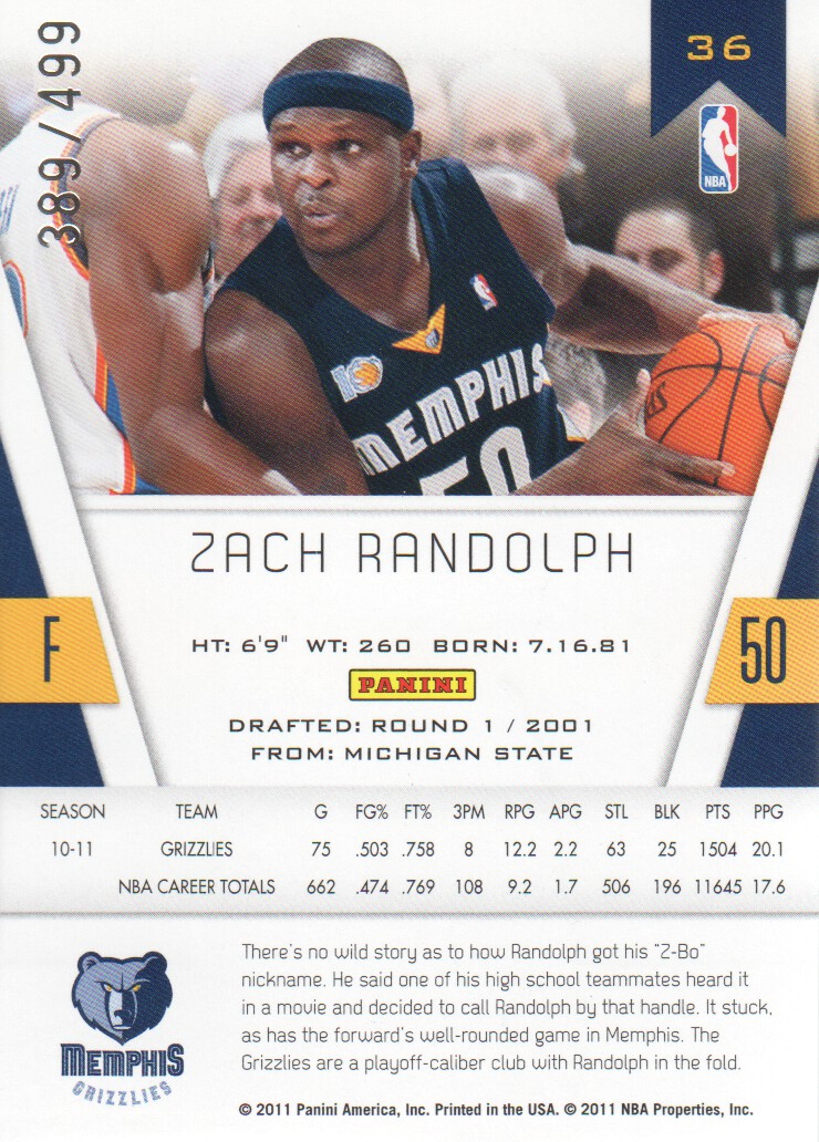 2010-11 Totally Certified Red #36 Zach Randolph back image