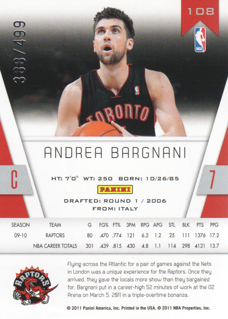2010-11 Totally Certified Red #108 Andrea Bargnani back image