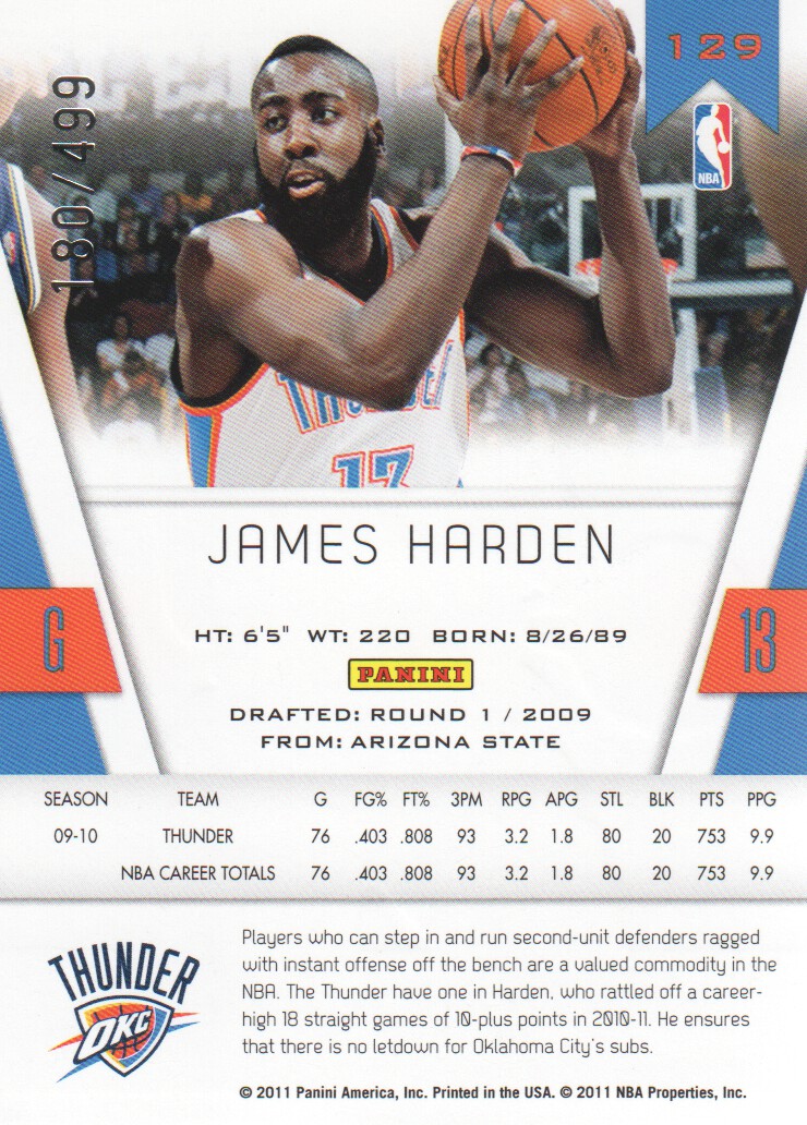 2010-11 Totally Certified Red #129 James Harden back image