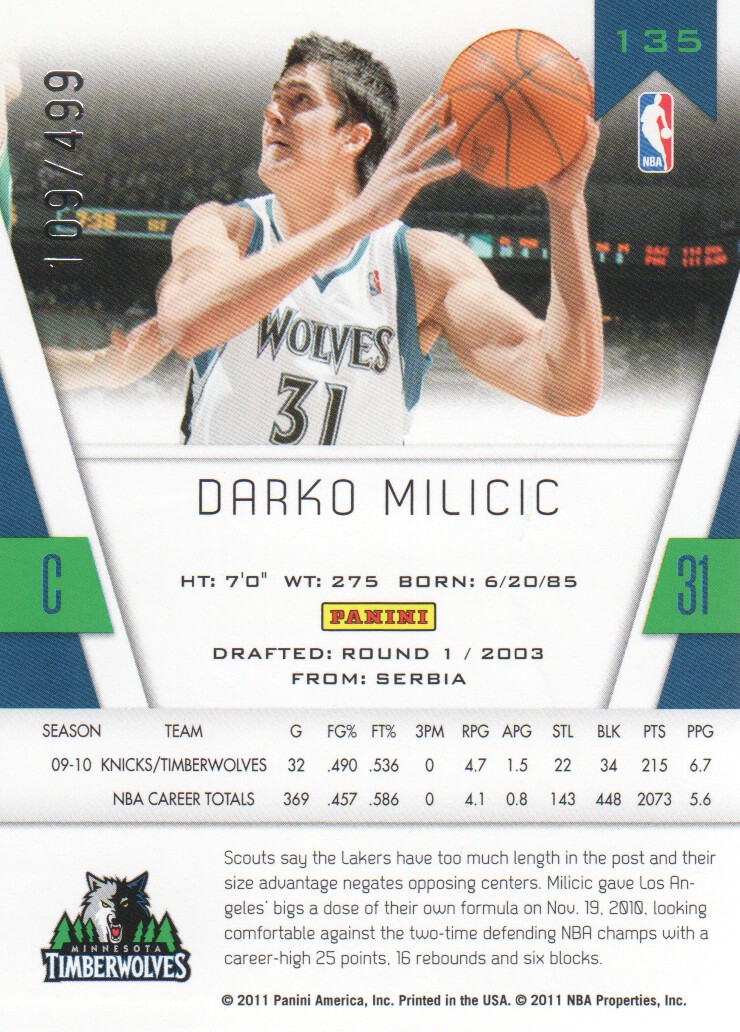 2010-11 Totally Certified Red #135 Darko Milicic back image