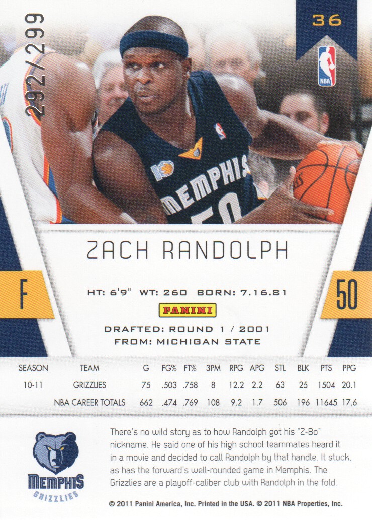 2010-11 Totally Certified Blue #36 Zach Randolph back image