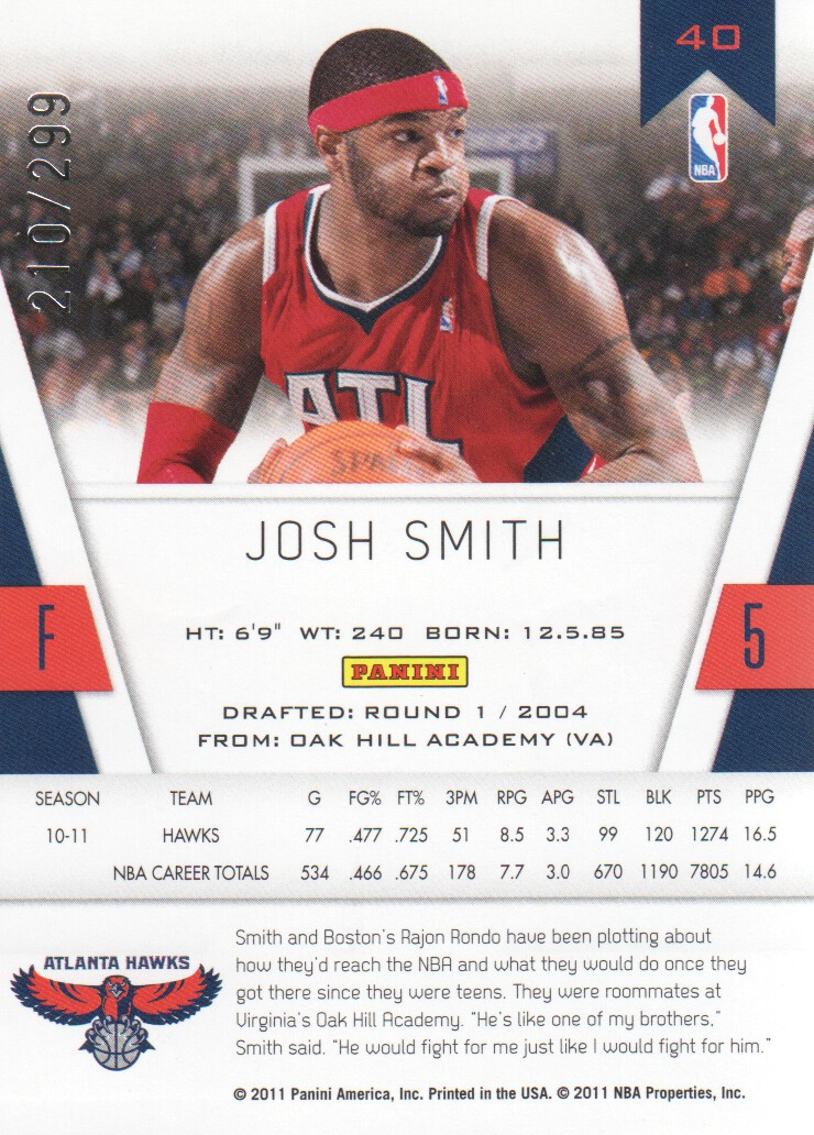 2010-11 Totally Certified Blue #40 Josh Smith back image