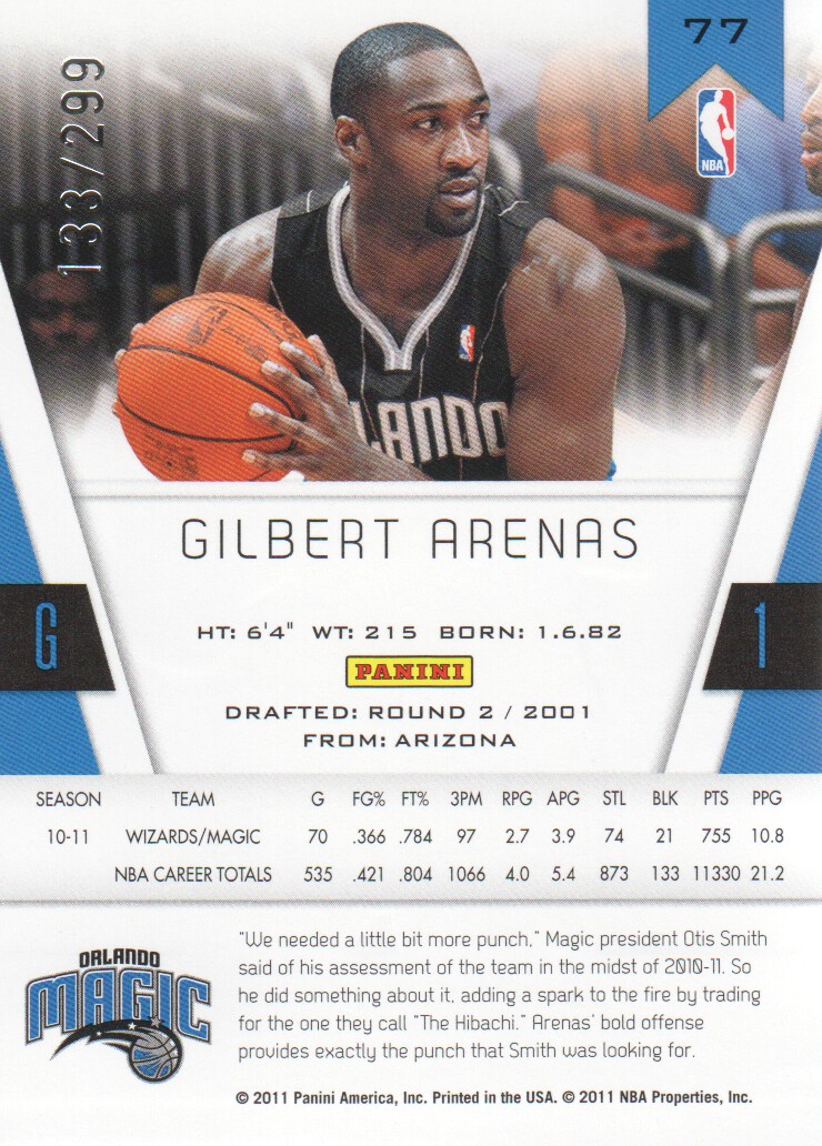 2010-11 Totally Certified Blue #77 Gilbert Arenas back image
