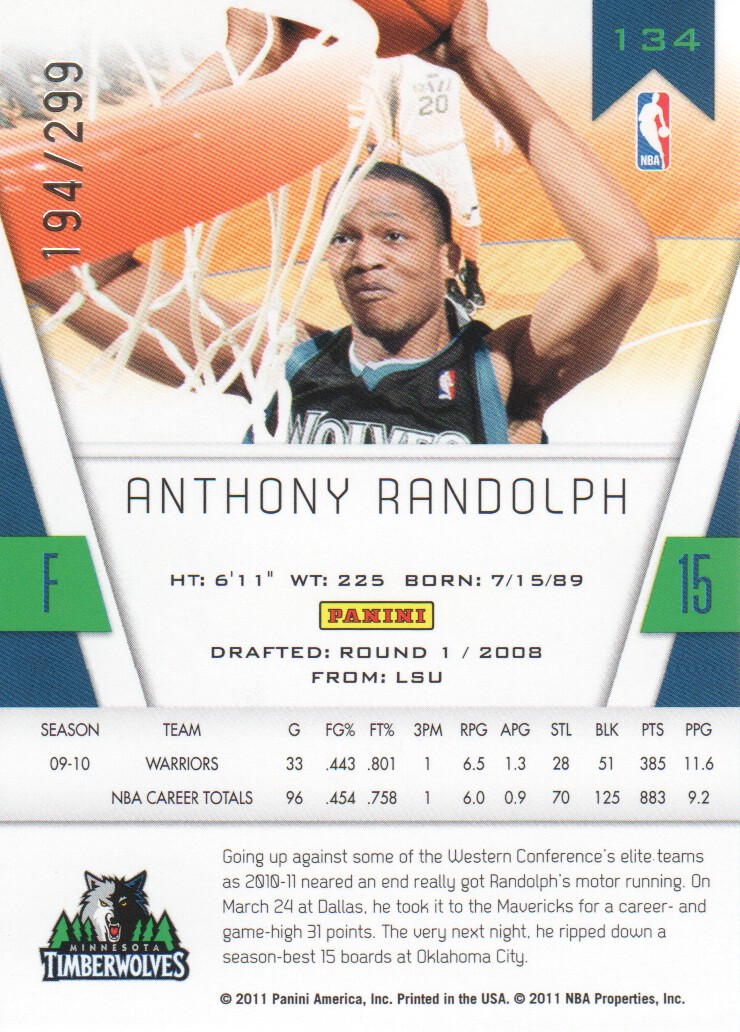 2010-11 Totally Certified Blue #134 Anthony Randolph back image