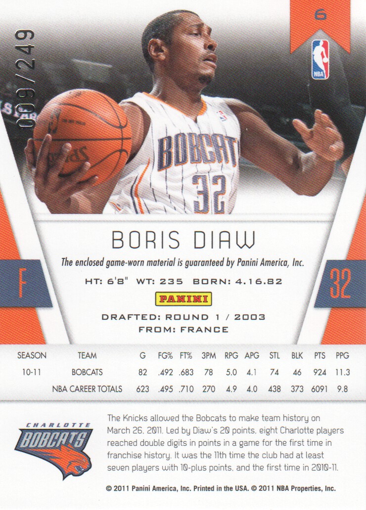 2010-11 Totally Certified Red Materials #6 Boris Diaw/249 back image