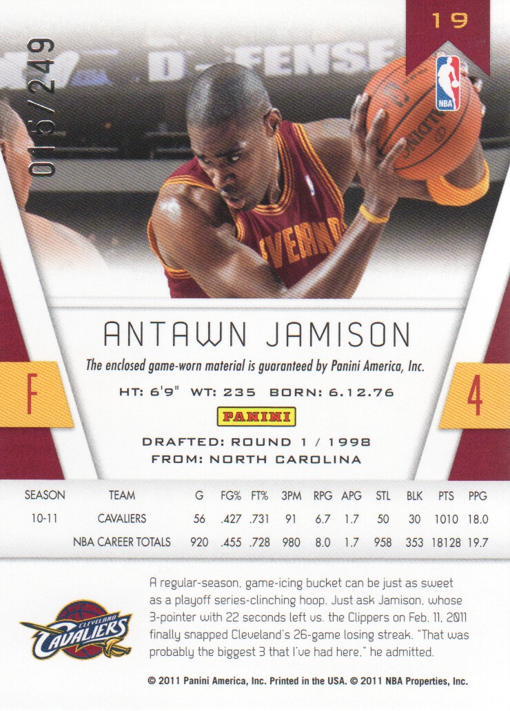 2010-11 Totally Certified Red Materials #19 Antawn Jamison/249 back image