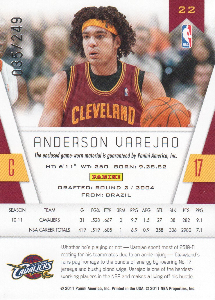 2010-11 Totally Certified Red Materials #22 Anderson Varejao/249 back image