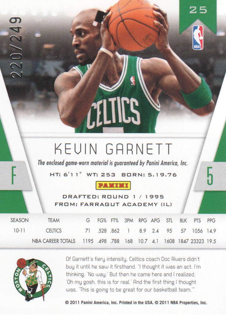2010-11 Totally Certified Red Materials #25 Kevin Garnett/249 back image
