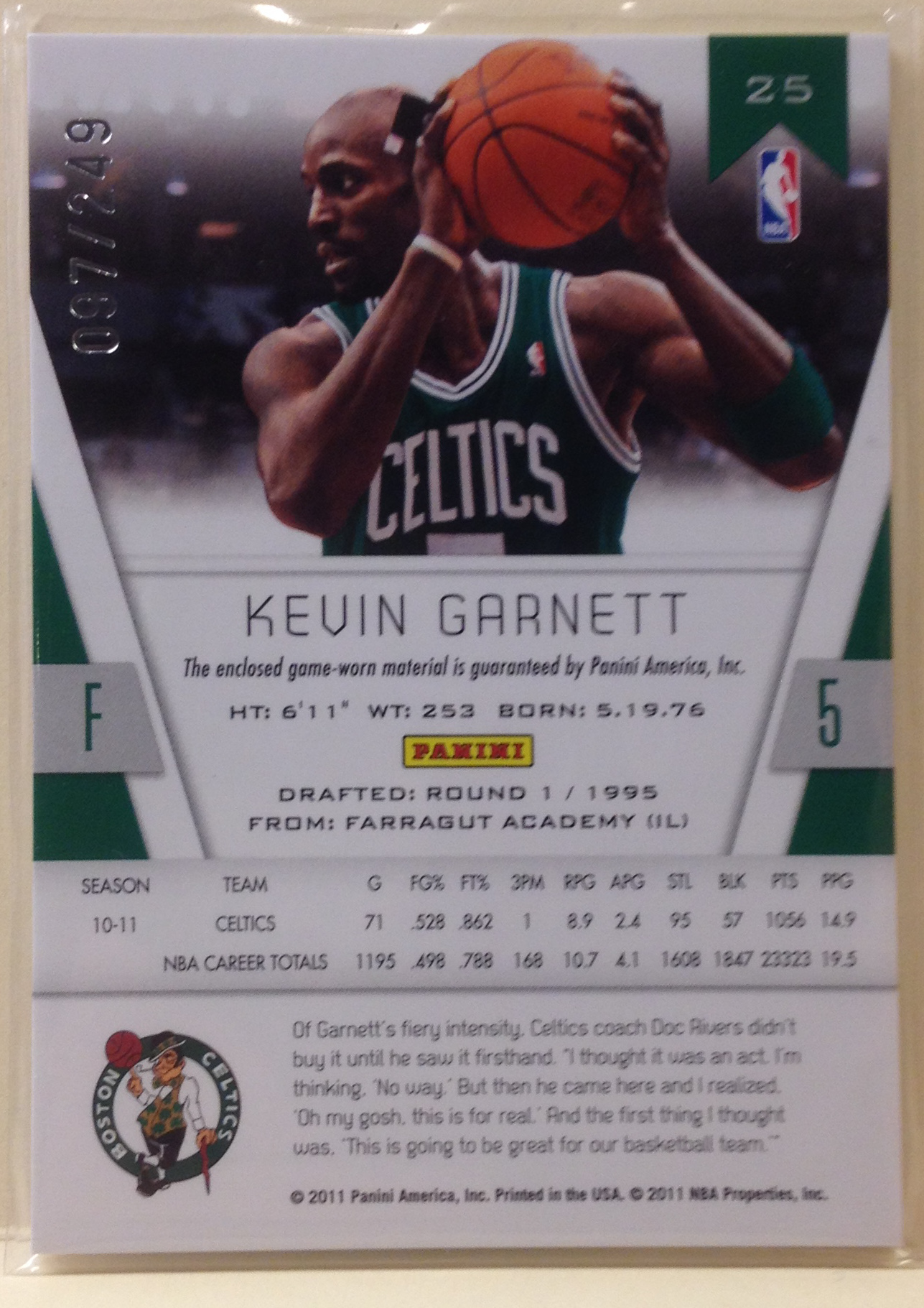 2010-11 Totally Certified Red Materials #25 Kevin Garnett/249 back image