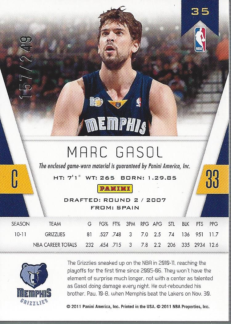 2010-11 Totally Certified Red Materials #35 Marc Gasol/249 back image