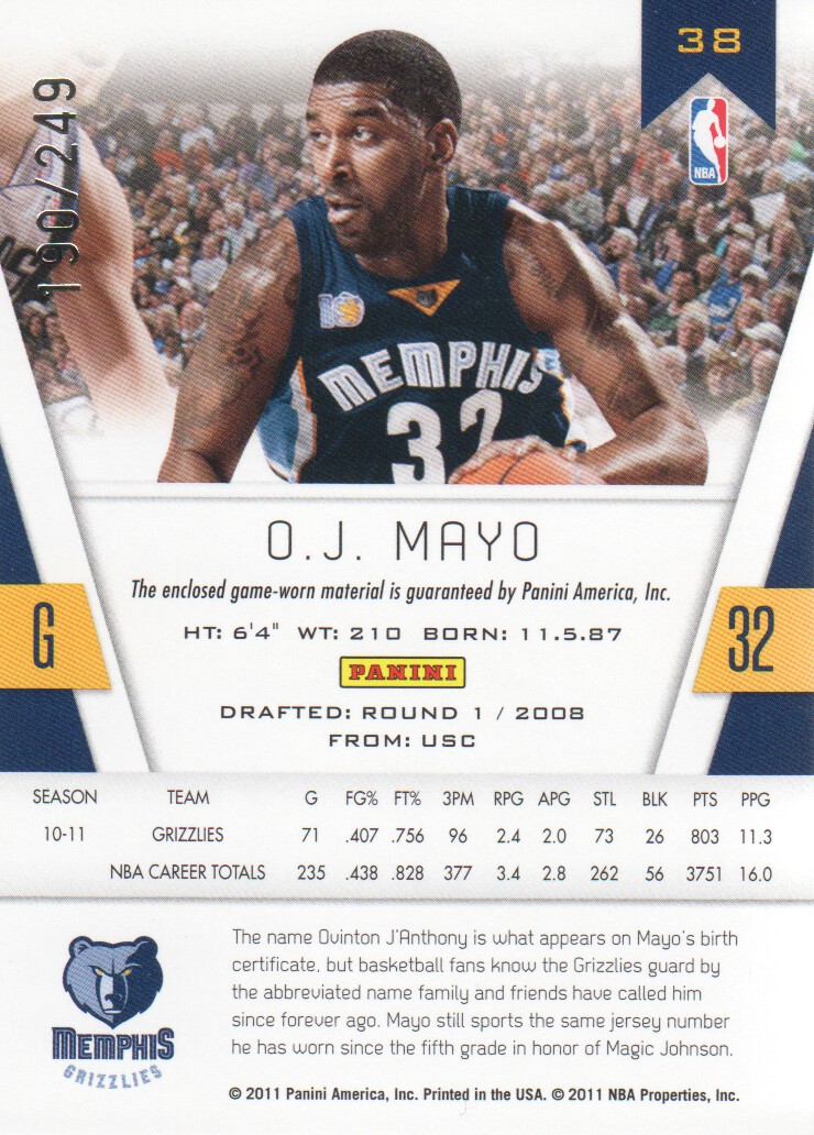2010-11 Totally Certified Red Materials #38 O.J. Mayo/249 back image