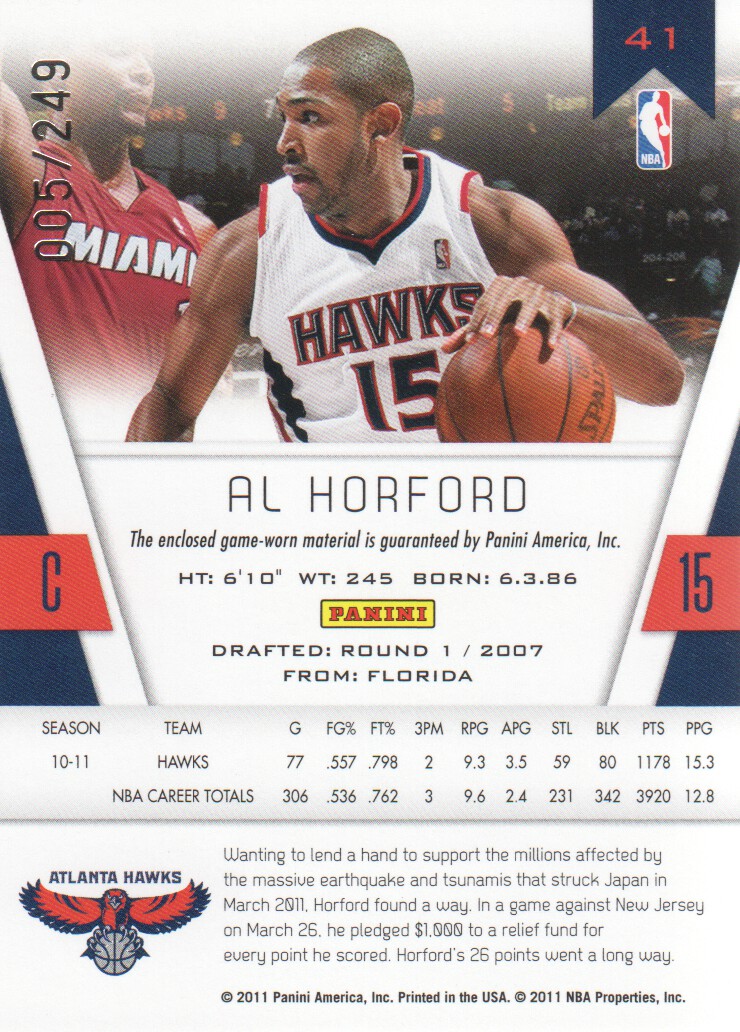 2010-11 Totally Certified Red Materials #41 Al Horford/249 back image