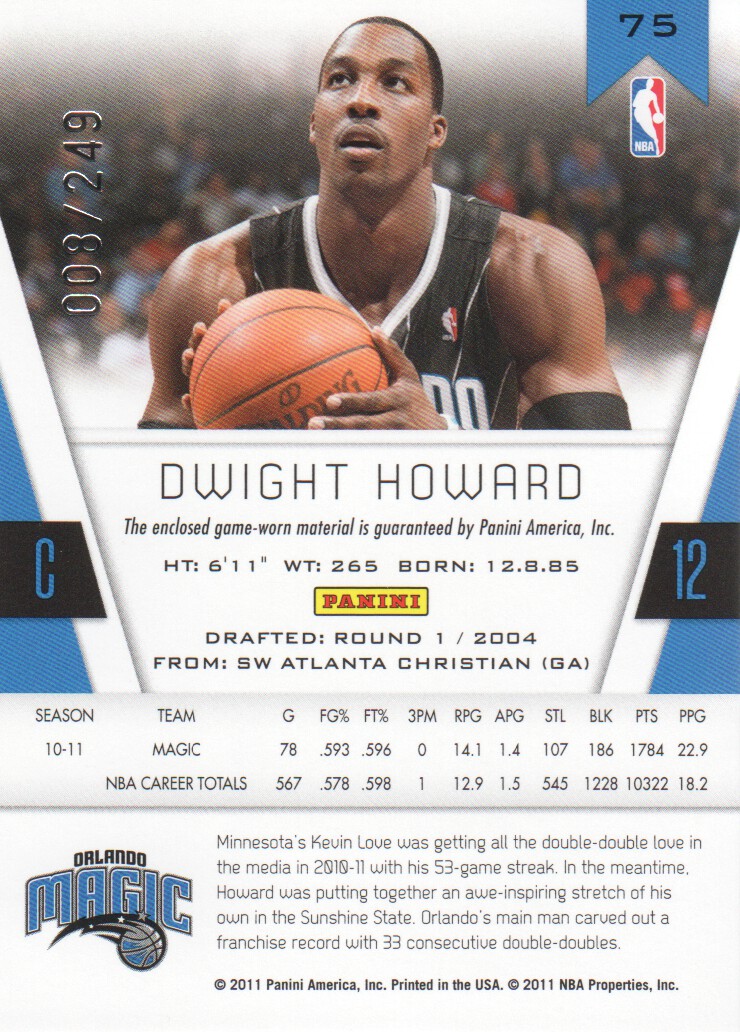 2010-11 Totally Certified Red Materials #75 Dwight Howard/249 back image