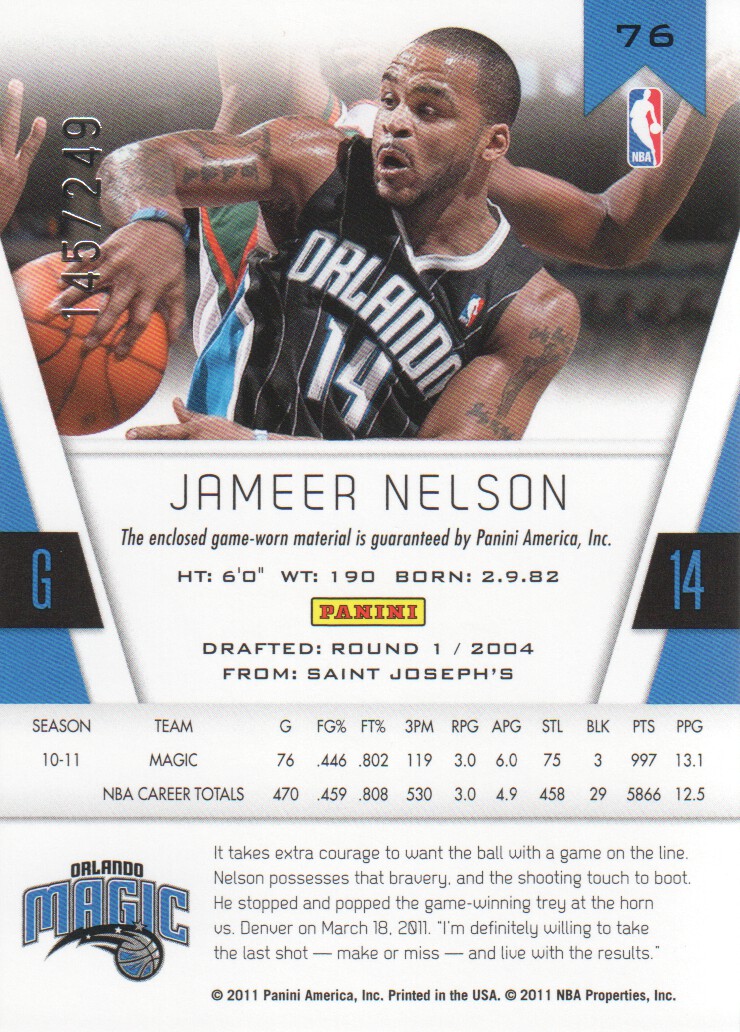 2010-11 Totally Certified Red Materials #76 Jameer Nelson/249 back image