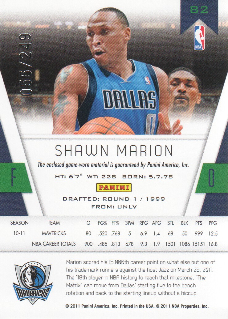 2010-11 Totally Certified Red Materials #82 Shawn Marion/249 back image
