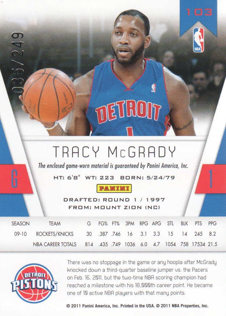 2010-11 Totally Certified Red Materials #103 Tracy McGrady/249 back image