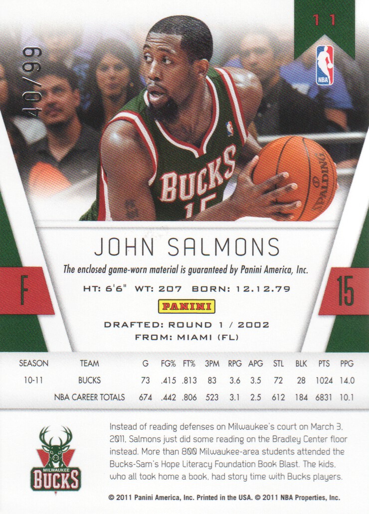 2010-11 Totally Certified Blue Materials #11 John Salmons/99 back image