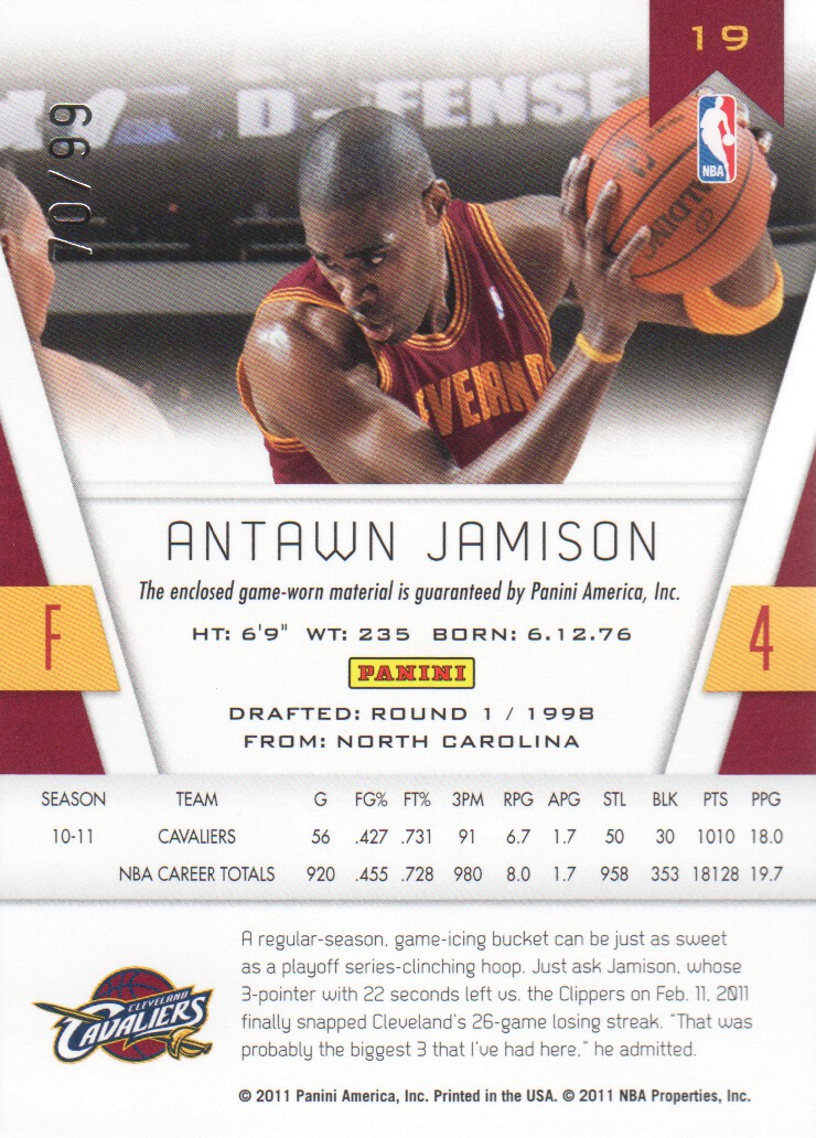 2010-11 Totally Certified Blue Materials #19 Antawn Jamison/99 back image