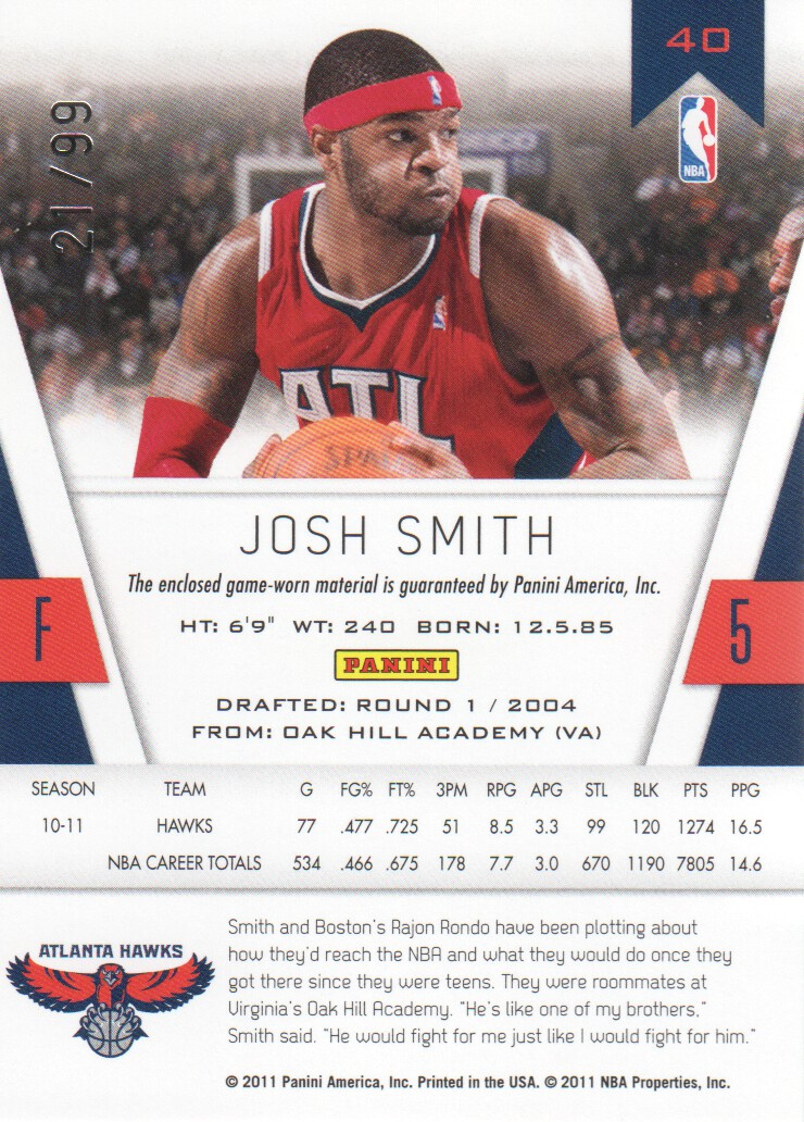 2010-11 Totally Certified Blue Materials #40 Josh Smith/99 back image