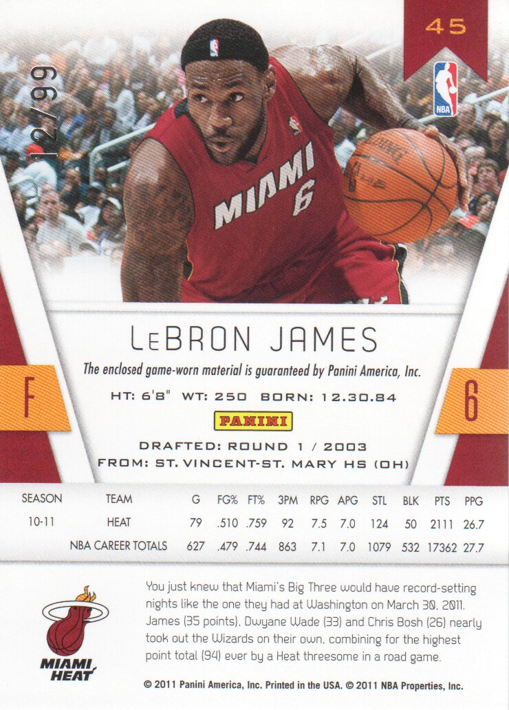 2010-11 Totally Certified Blue Materials #45 LeBron James/99 back image