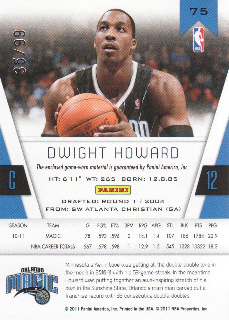 2010-11 Totally Certified Blue Materials #75 Dwight Howard/99 back image