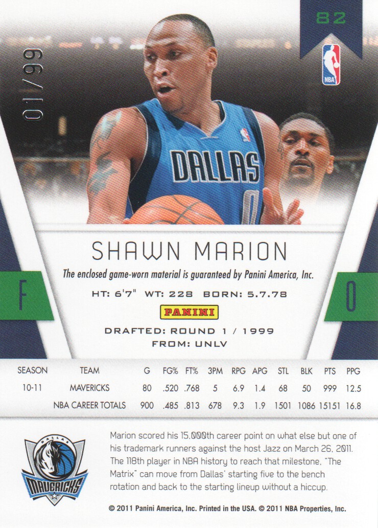 2010-11 Totally Certified Blue Materials #82 Shawn Marion/99 back image