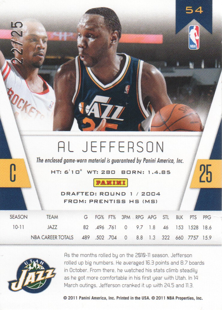 2010-11 Totally Certified Gold Materials Prime #54 Al Jefferson/25 back image