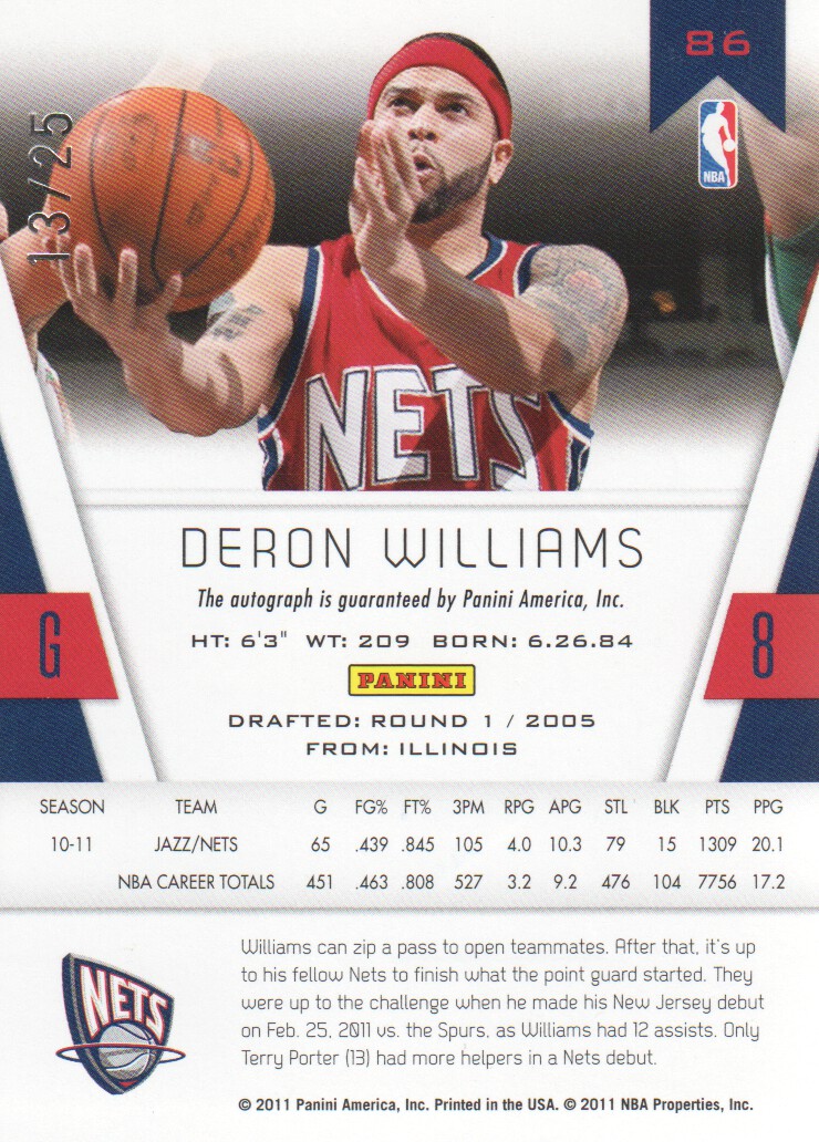 2010-11 Totally Certified Gold Autographs #86 Deron Williams/25 back image