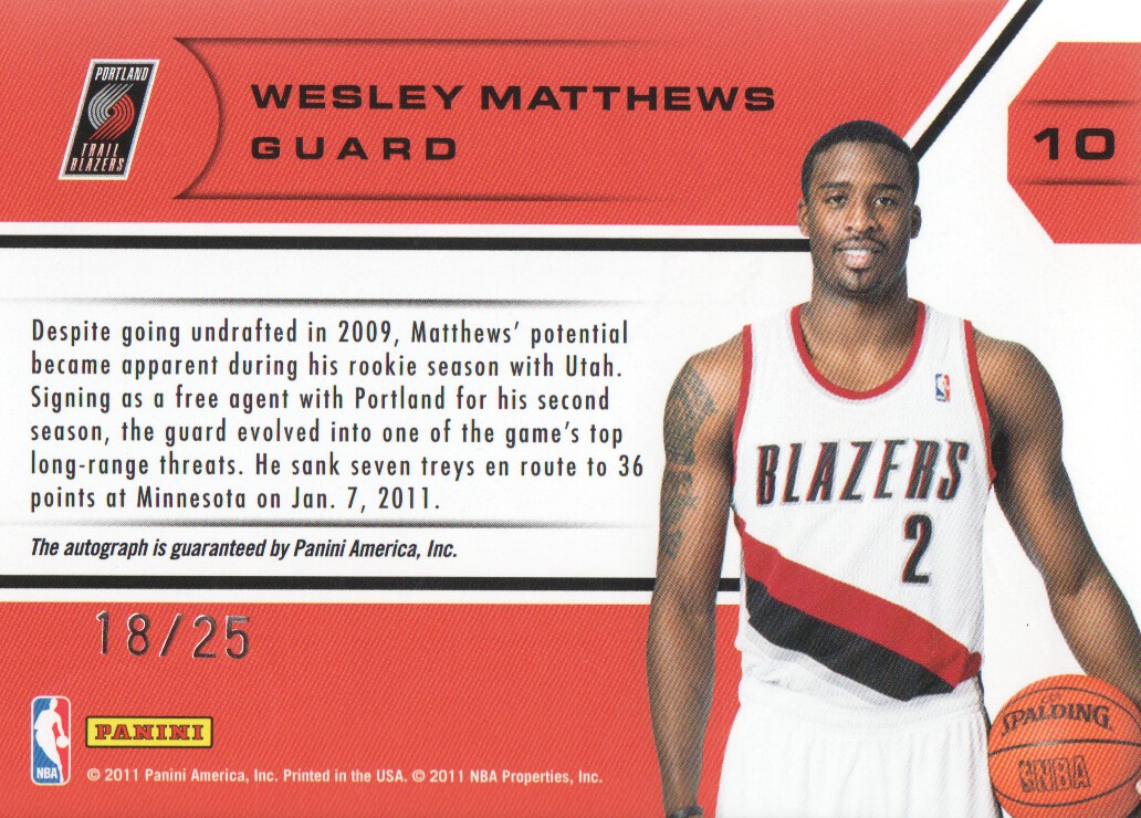 2010-11 Totally Certified Potential Autographs Gold #10 Wesley Matthews back image