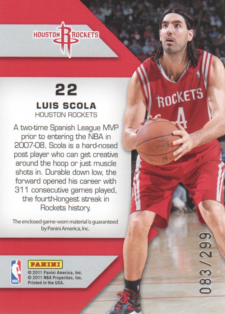 2010-11 Totally Certified Fabric of the Game Jumbo Jersey Number #22 Luis Scola/299 back image