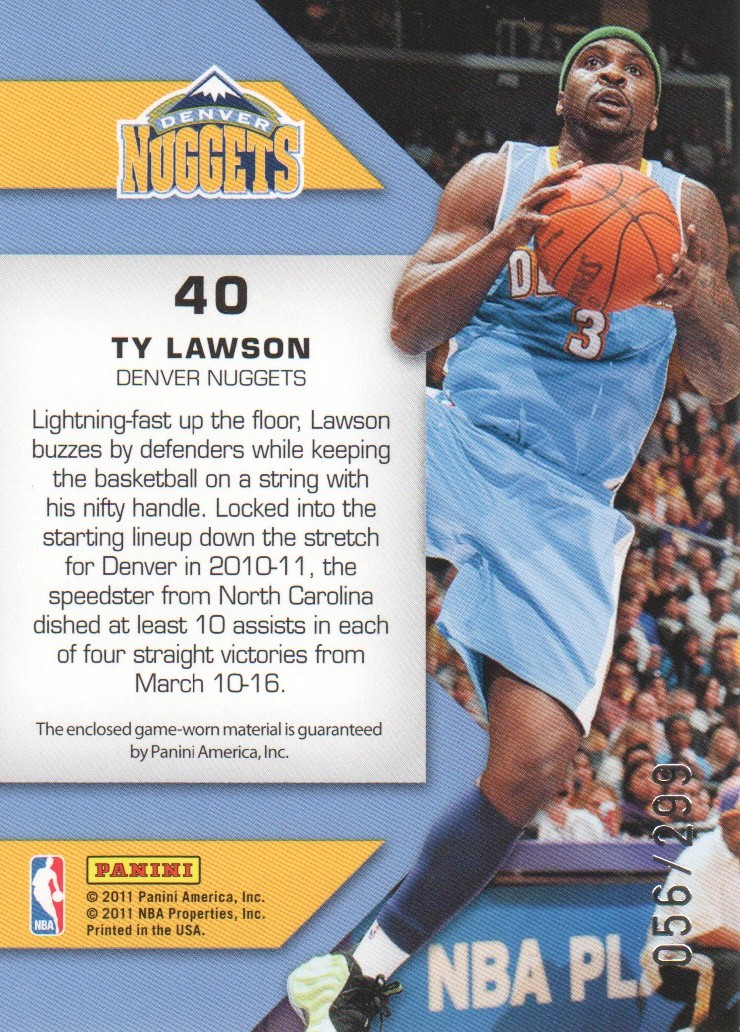 2010-11 Totally Certified Fabric of the Game Jumbo Jersey Number #40 Ty Lawson/299 back image