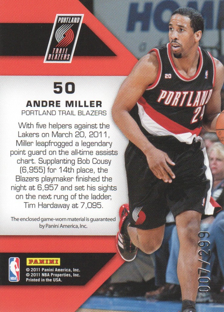 2010-11 Totally Certified Fabric of the Game Jumbo Jersey Number #50 Andre Miller/299 back image