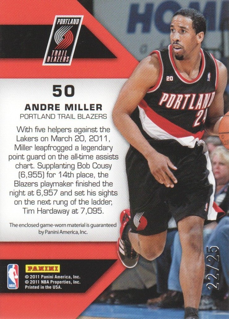 2010-11 Totally Certified Fabric of the Game Jumbo Jersey Number Prime #50 Andre Miller/25 back image