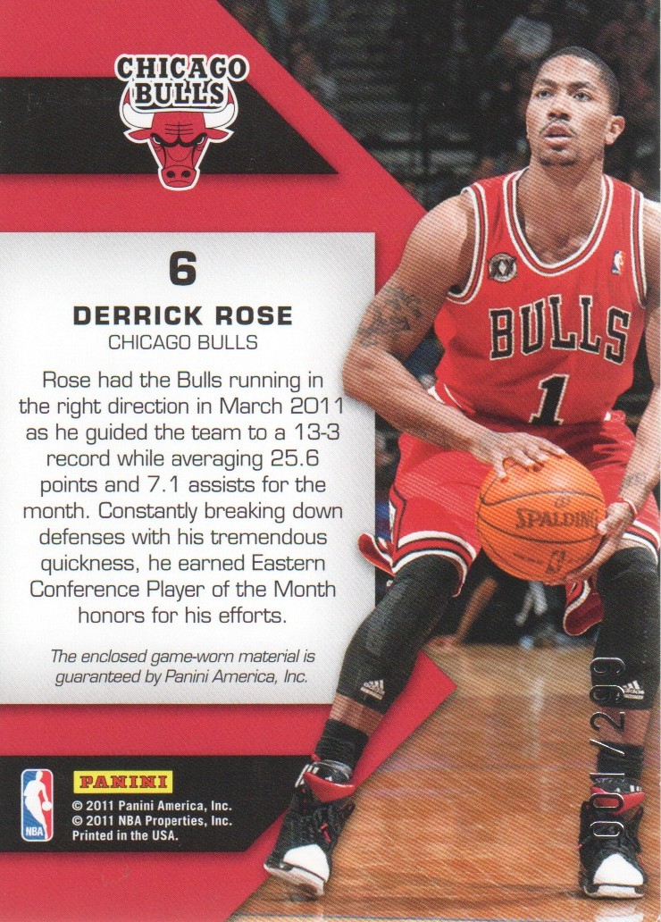 2010-11 Totally Certified Fabric of the Game Jumbo Team #6 Derrick Rose/299 back image
