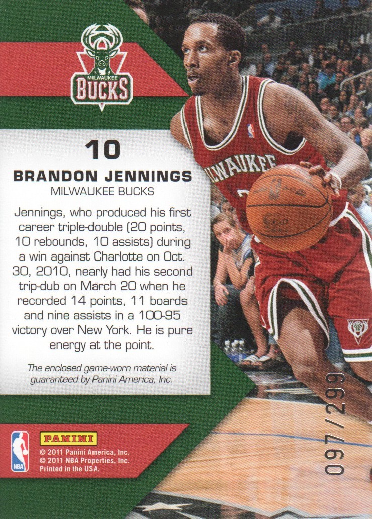 2010-11 Totally Certified Fabric of the Game Jumbo Team #10 Brandon Jennings/299 back image