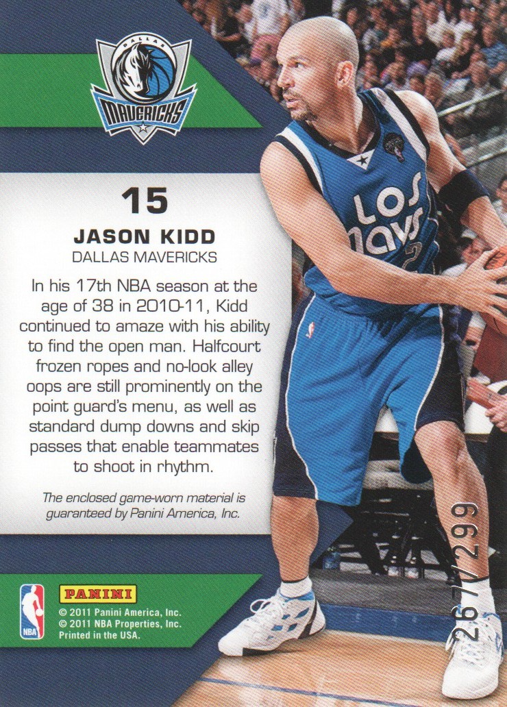 2010-11 Totally Certified Fabric of the Game Jumbo Team #15 Jason Kidd/299 back image
