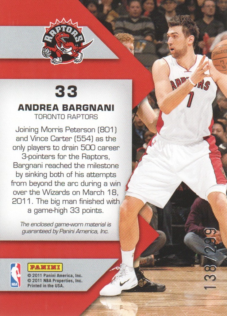 2010-11 Totally Certified Fabric of the Game Jumbo Team #33 Andrea Bargnani/299 back image