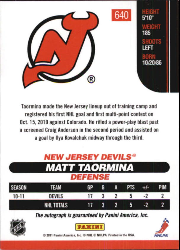 2010-11 Score Signatures #640 Matt Taormina back image