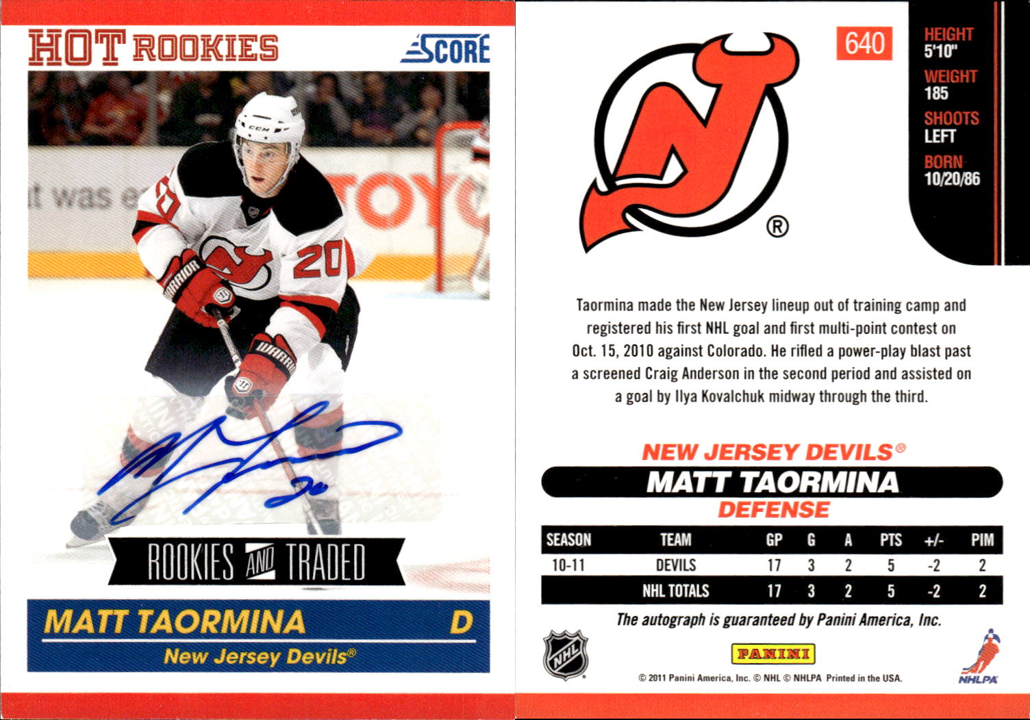 2010-11 Score Signatures #640 Matt Taormina