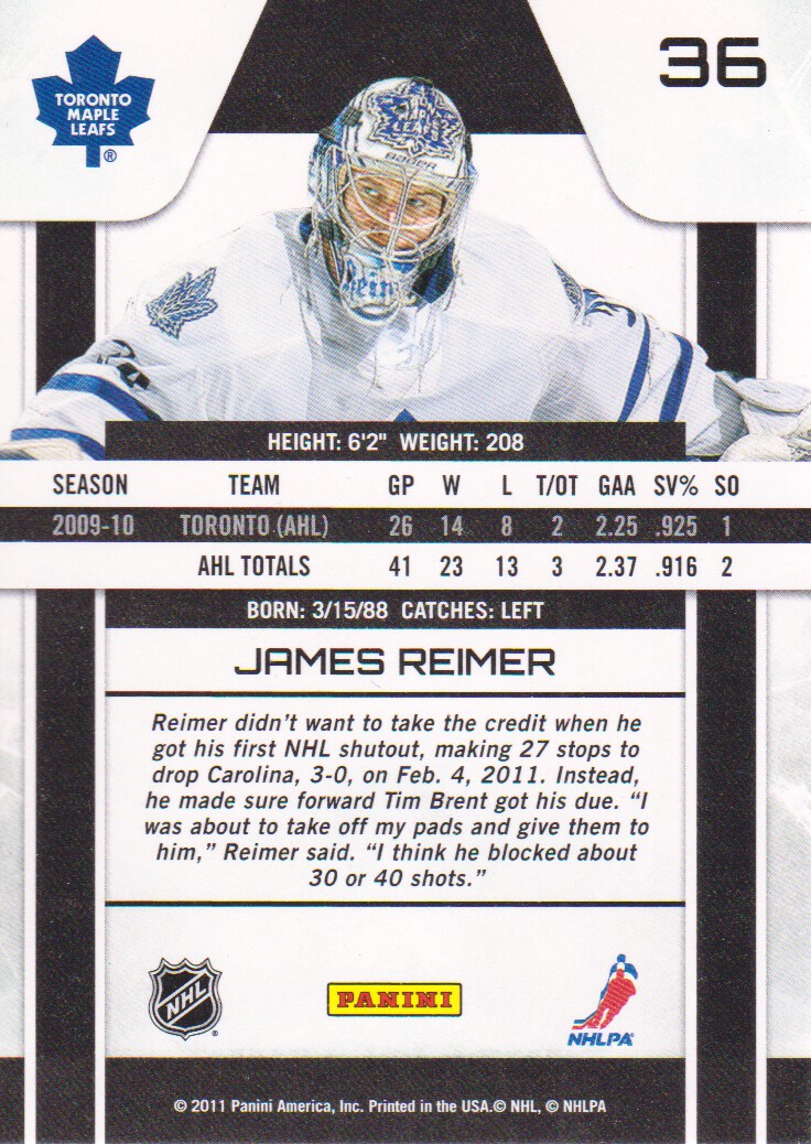 2010-11 Zenith #36 James Reimer back image
