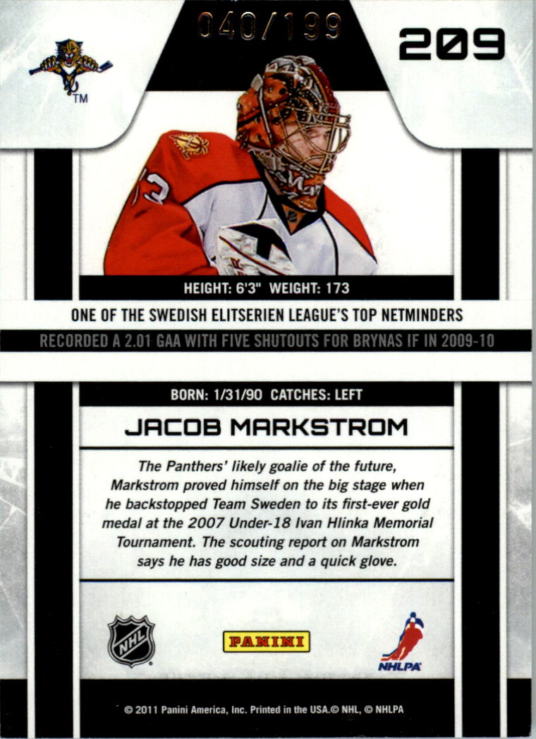 2010-11 Zenith Rookie Parallel #209 Jacob Markstrom back image