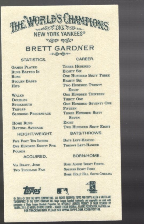 2011 Topps Allen and Ginter Mini No Card Number #346 Brett Gardner back image