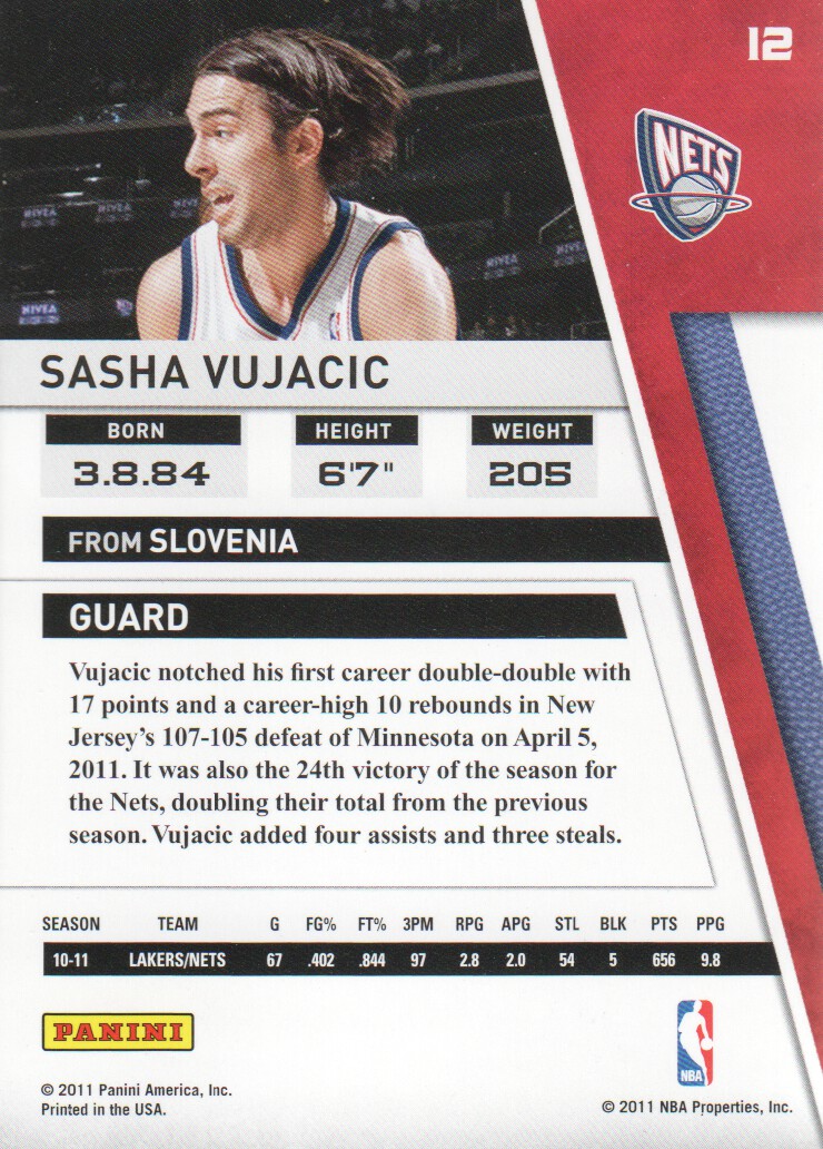 2010-11 Panini Season Update #12 Sasha Vujacic back image